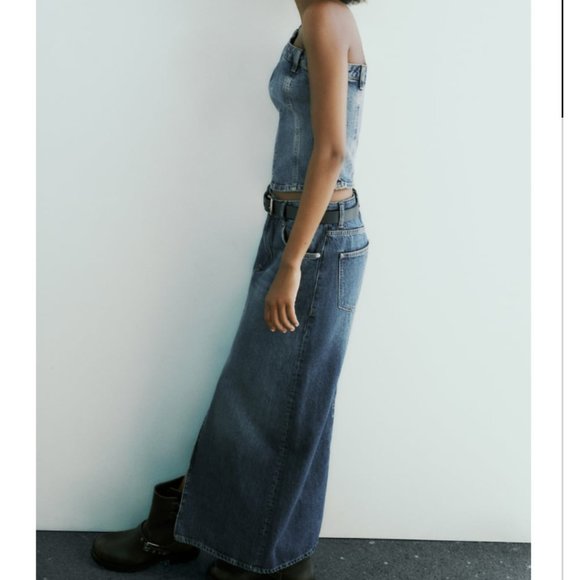 NWT ZARA LONG DENIM SKIRT NAVY BLUE - Picture 4 of 10